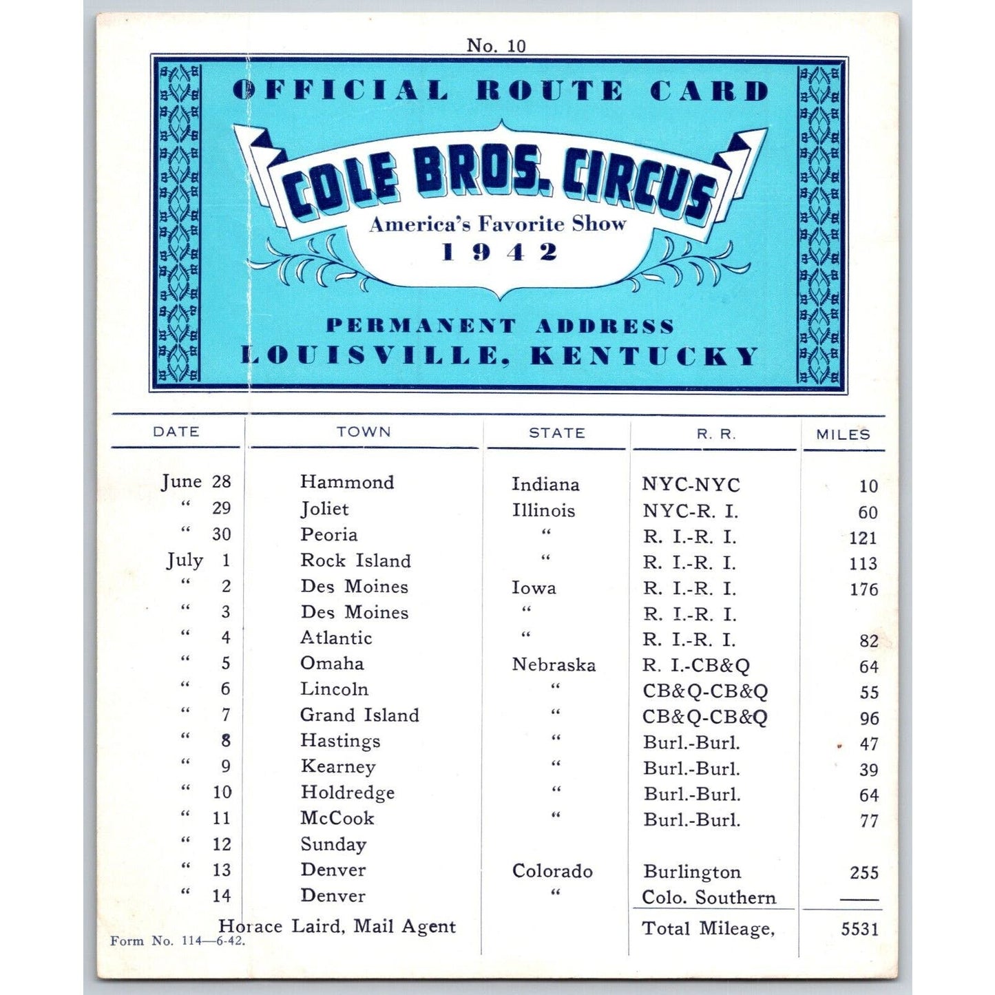 1942 Cole Bros Circus Route Card Nebraska Iowa Colorado Illinois Indiana