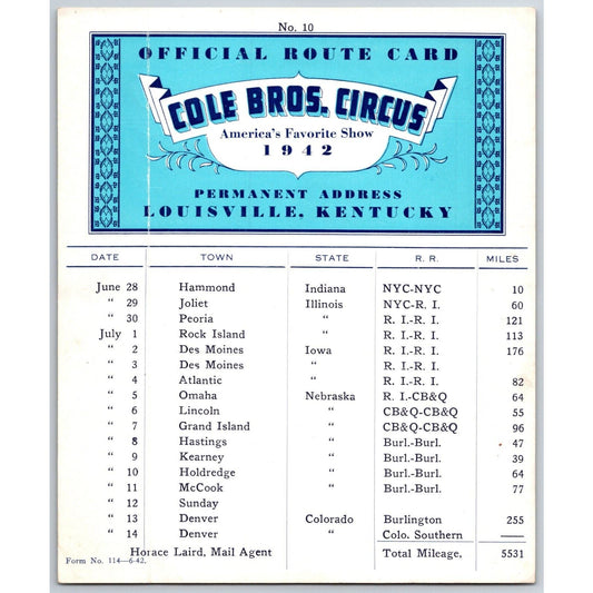 1942 Cole Bros Circus Route Card Nebraska Iowa Colorado Illinois Indiana