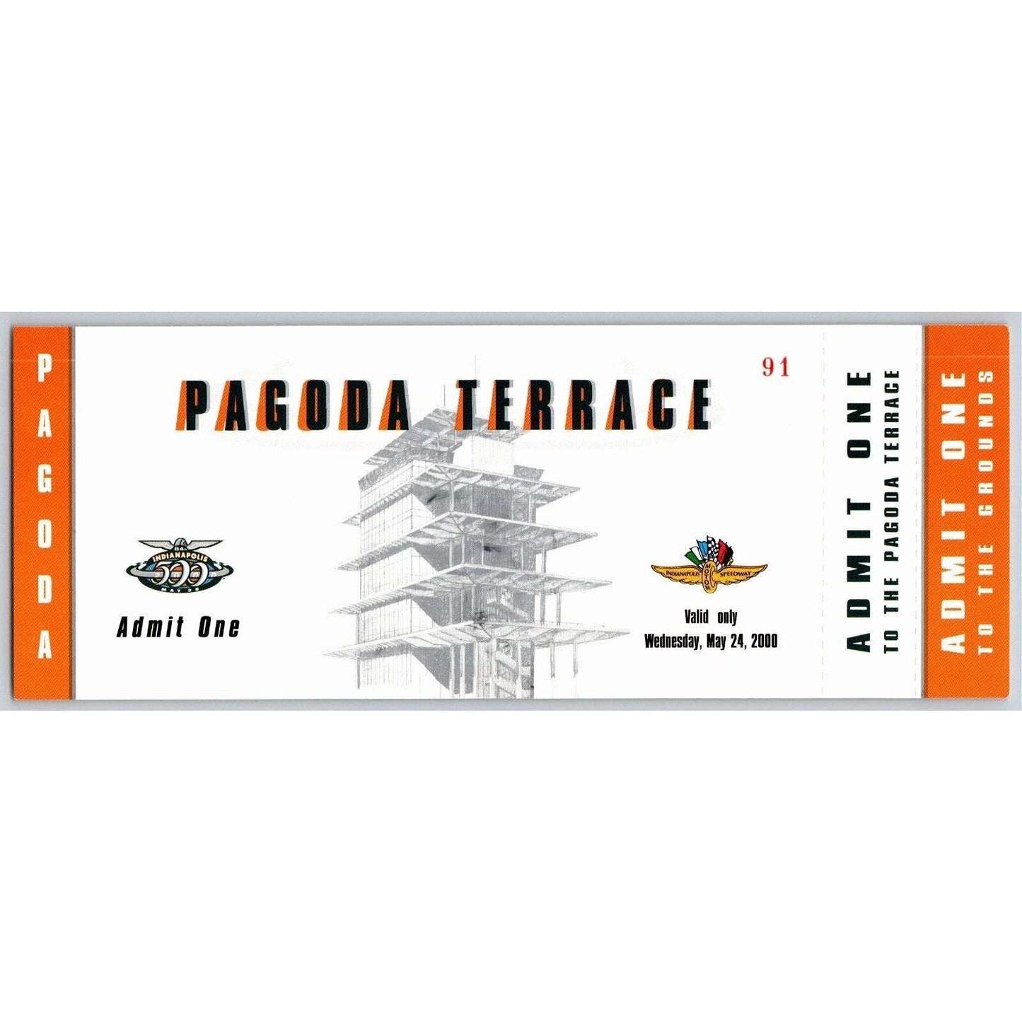 2000 Indy 500 (Sunday Bump Day Time Trials) Pagoda Terrace Unused Ticket IMS #91