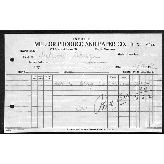 Mellor Produce and Paper - Butte Montana 1933 Billhead Letterhead - Wilson Drug