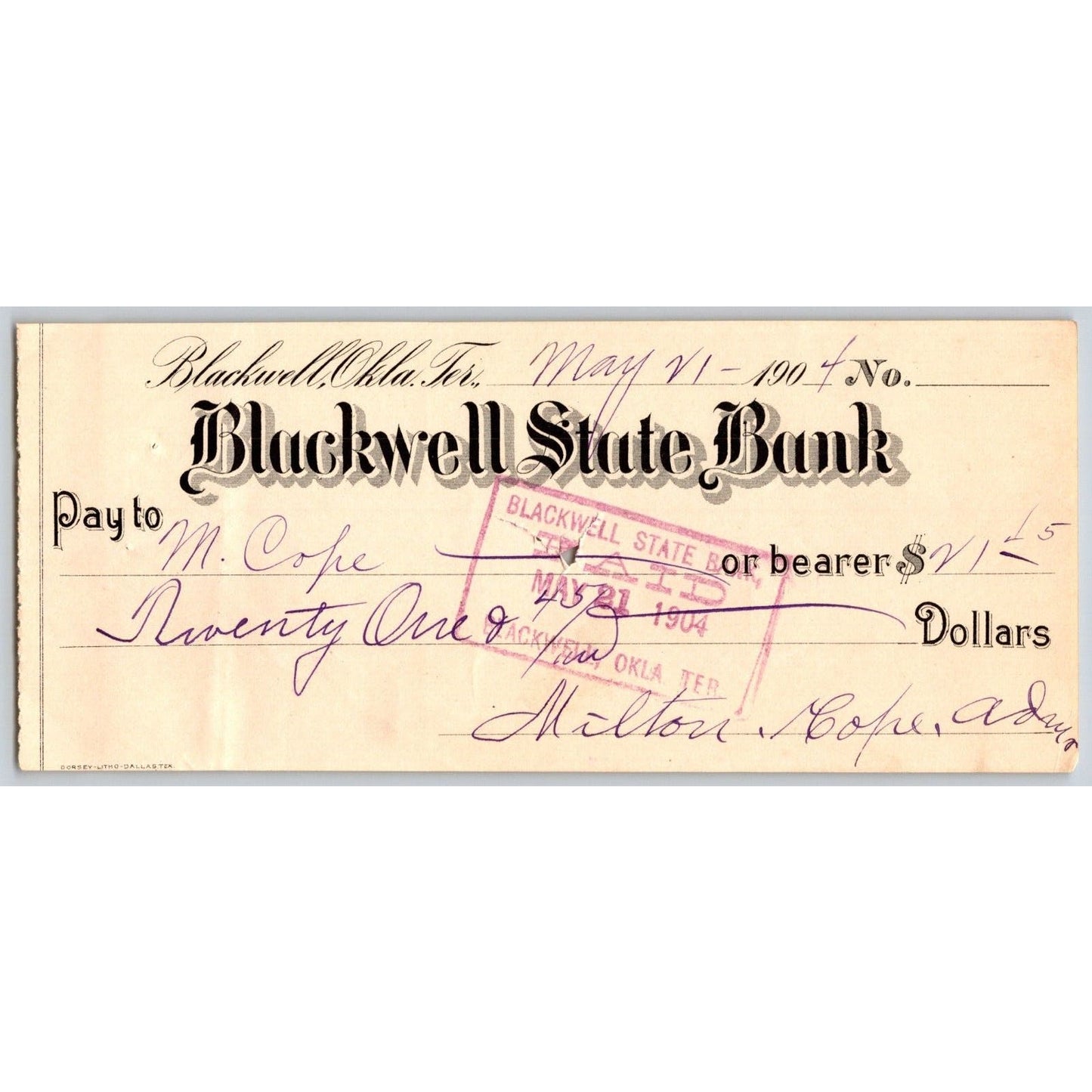 Blackwell, OK 1904 Territorial $21.15 "Blackwell State Bank" Check - Scarce