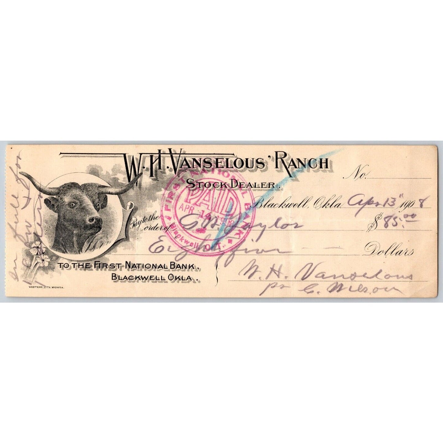 Blackwell OK 1908 V.H. Vanselous Ranch Check w/ Bull Vignette - Scarce