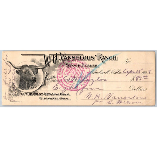 Blackwell OK 1908 V.H. Vanselous Ranch Check w/ Bull Vignette - Scarce