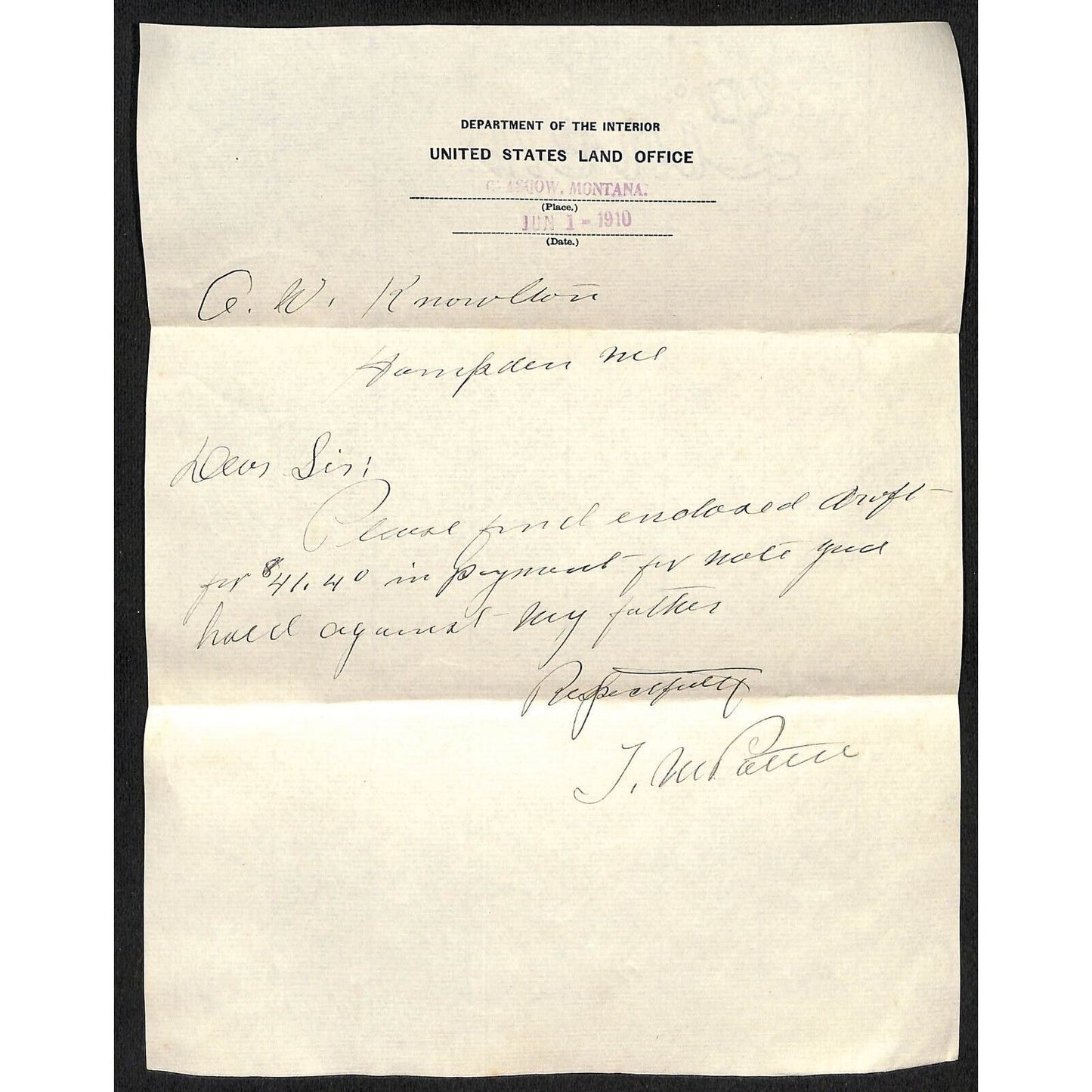 Hampden Highlands, ME Amos W. Knowlton* 1910 Dept. of Interior Letterhead re:$41