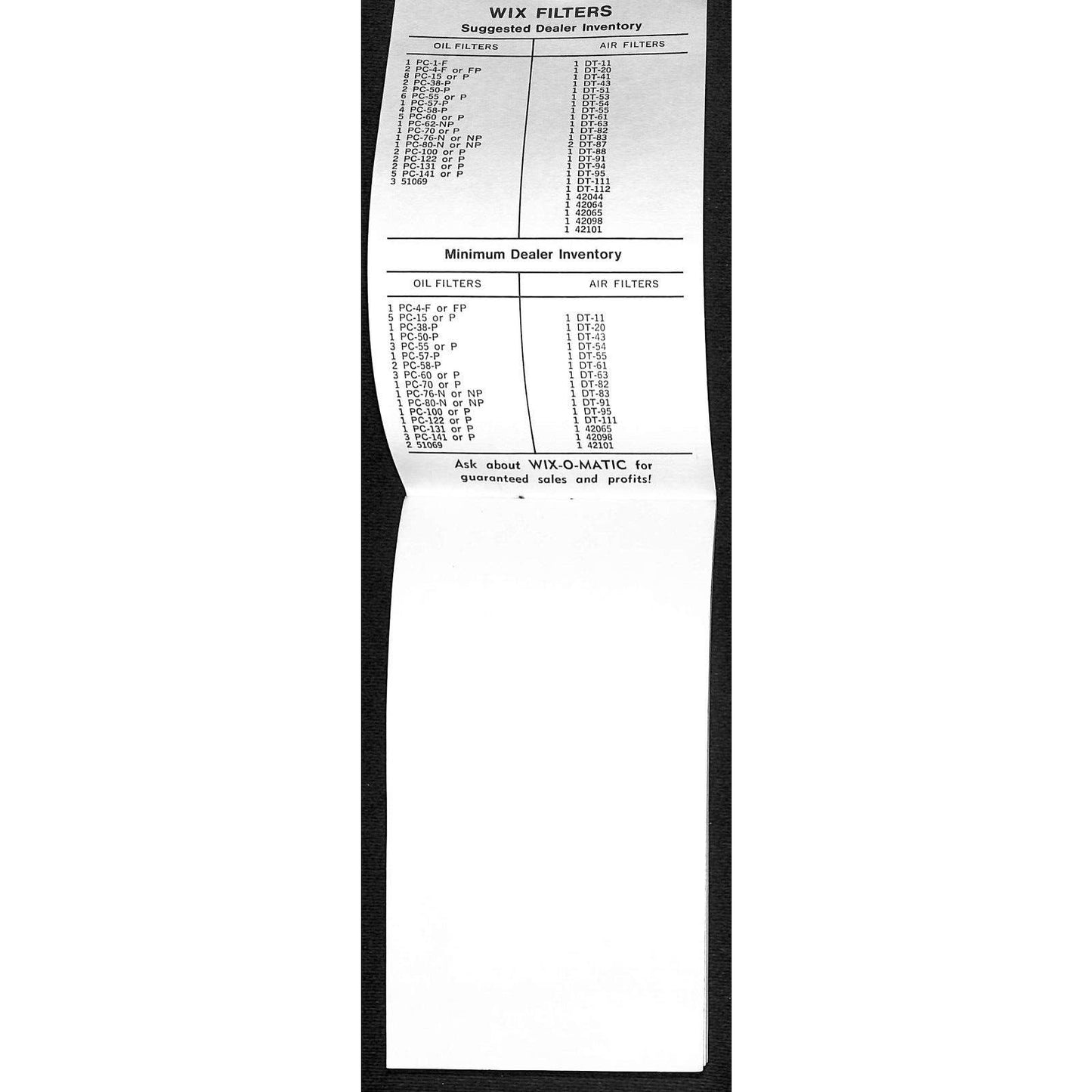 WIX Filter Pocket Product Guide - 10 pg. Blank Note Pad & 1970-71 Calendar NOS