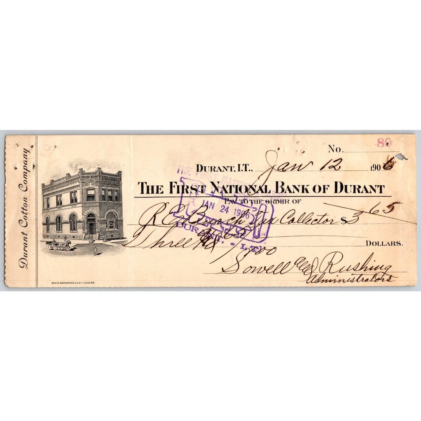 Durant, OK 1906 Indian Territory "Durant Cotton Co." Check w/ Vignette - Scarce