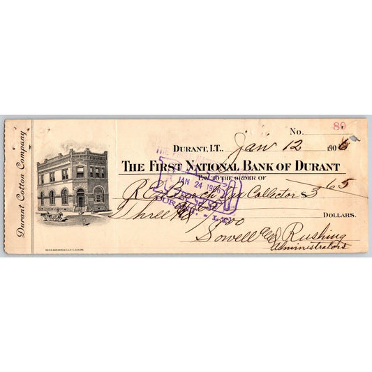 Durant, OK 1906 Indian Territory "Durant Cotton Co." Check w/ Vignette - Scarce