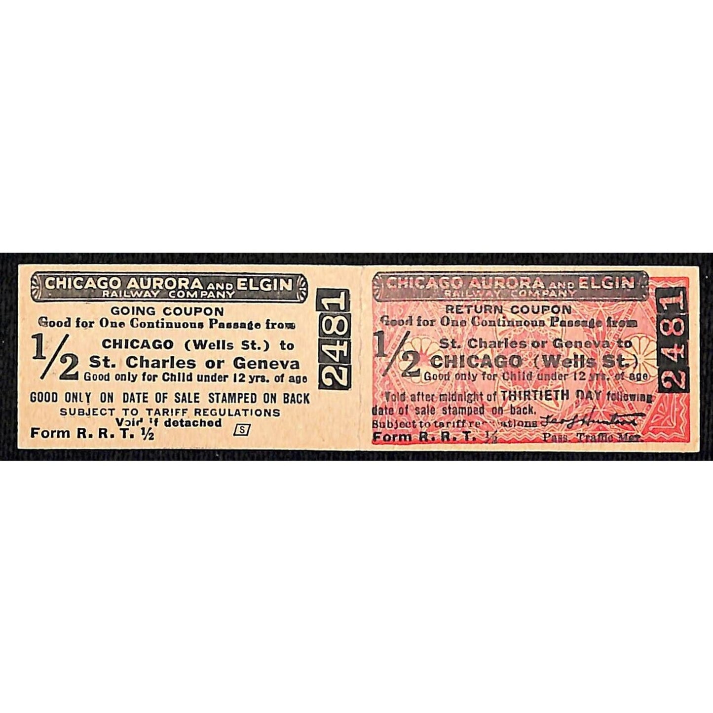 Chicago Aurora and Elgin 1902-57 2-way Attached Tickets St. Charles or Geneva