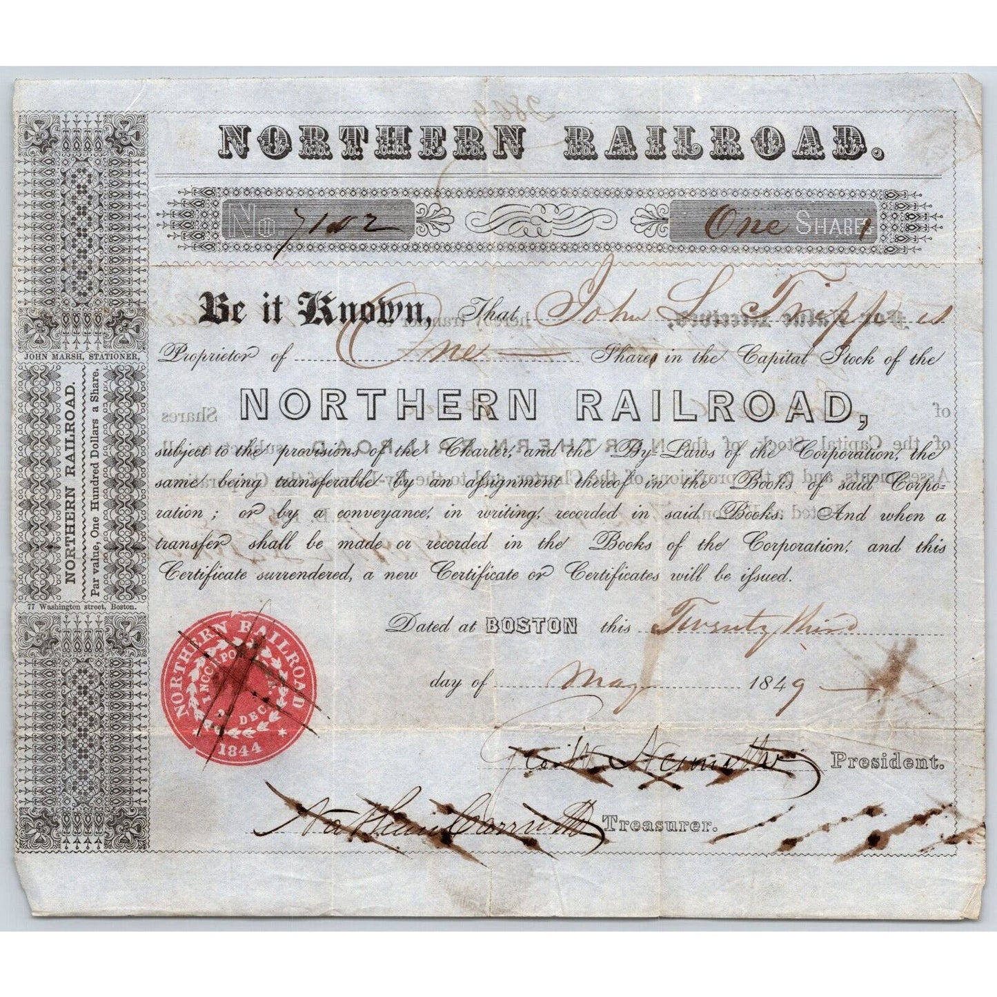 1849 Boston, MA Northern Railroad Stock Certificate No. 7102 ? for 1 Share