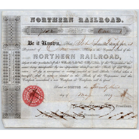 1849 Boston, MA Northern Railroad Stock Certificate No. 7102 ? for 1 Share