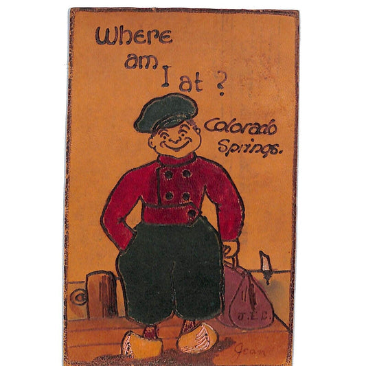 Funny Leather Postcard "Where am I at? Colorado Springs
