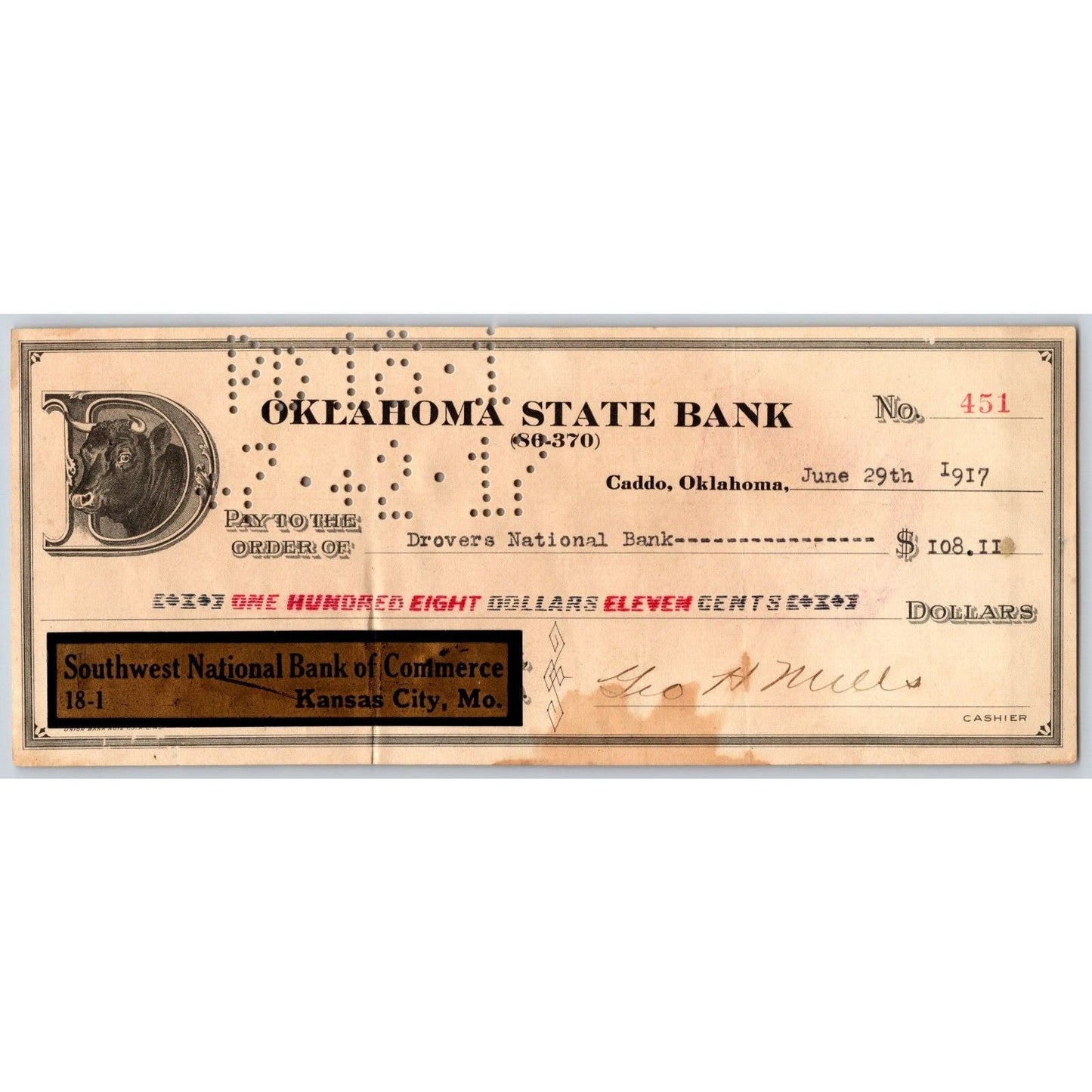 Caddo, OK 1917 "Oklahoma State Bank" Bank Check w/ Bull Vignette - Scarce