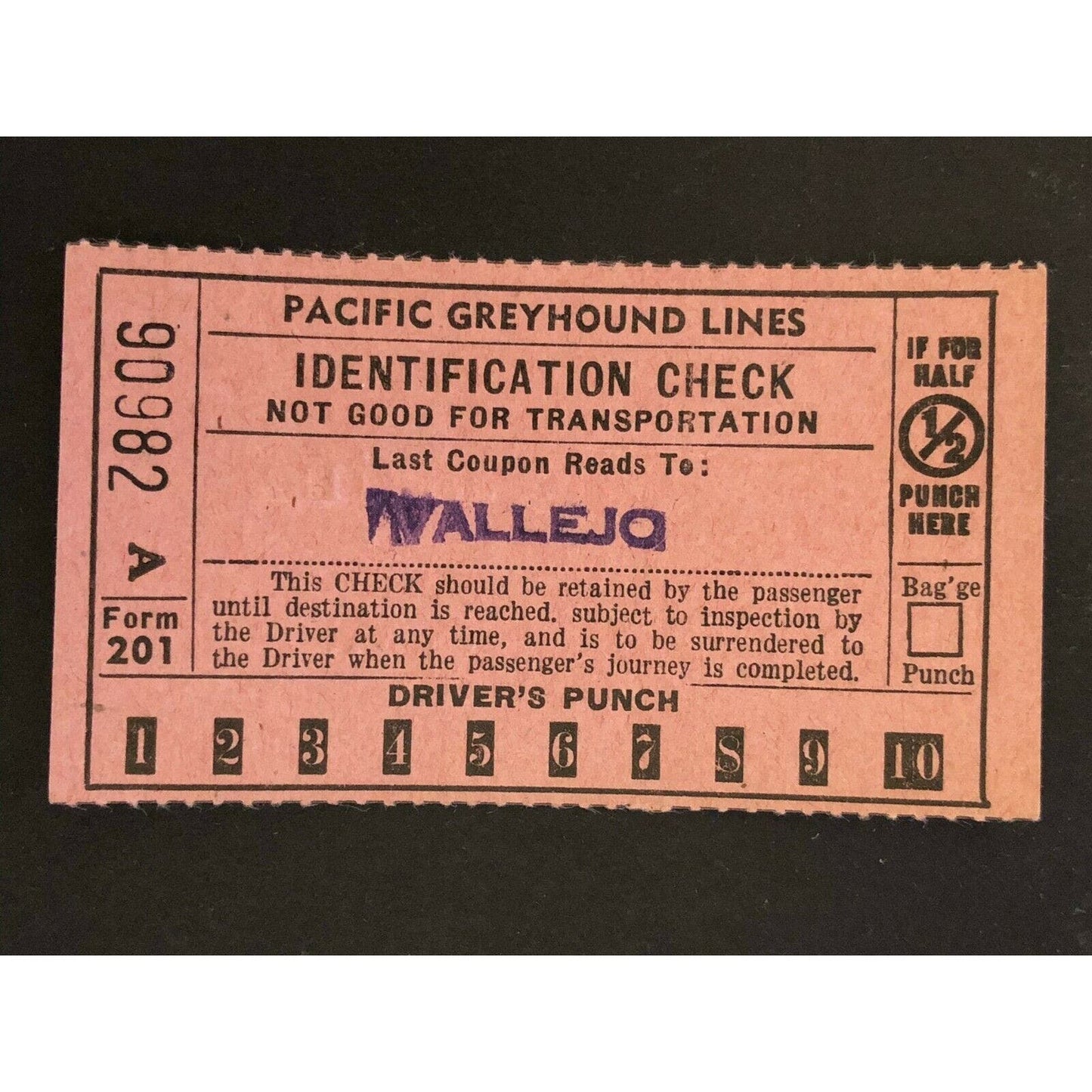 Pacific Greyhound Bus Lines I.D. Check / Ticket "Vallejo" 90982 c1945-1955