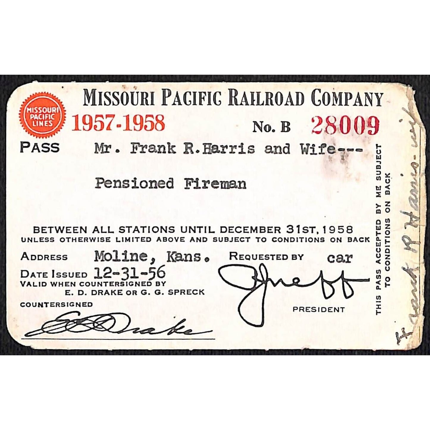 1957-58 Missouri Pacific Railroad Yearly Pass for "Pensioned Fireman"