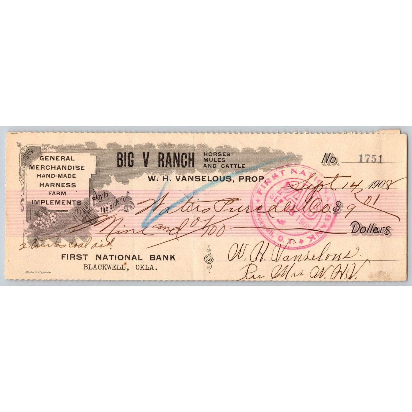 Blackwell OK 1908 FNB Big V Ranch Farm Implements Check - Scarce