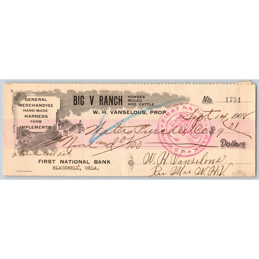 Blackwell OK 1908 FNB Big V Ranch Farm Implements Check - Scarce