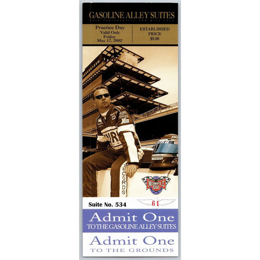 2002 Indy 500 Practice Day Gasoline Alley Suites Unused Ticket IMS #61
