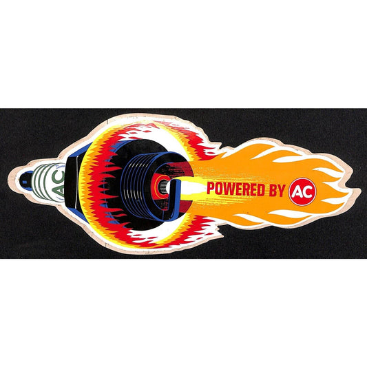 Large Die Cut "Powered by AC" Spark Plugs Auto Sticker c1970 w/ Flames 4" x 10"