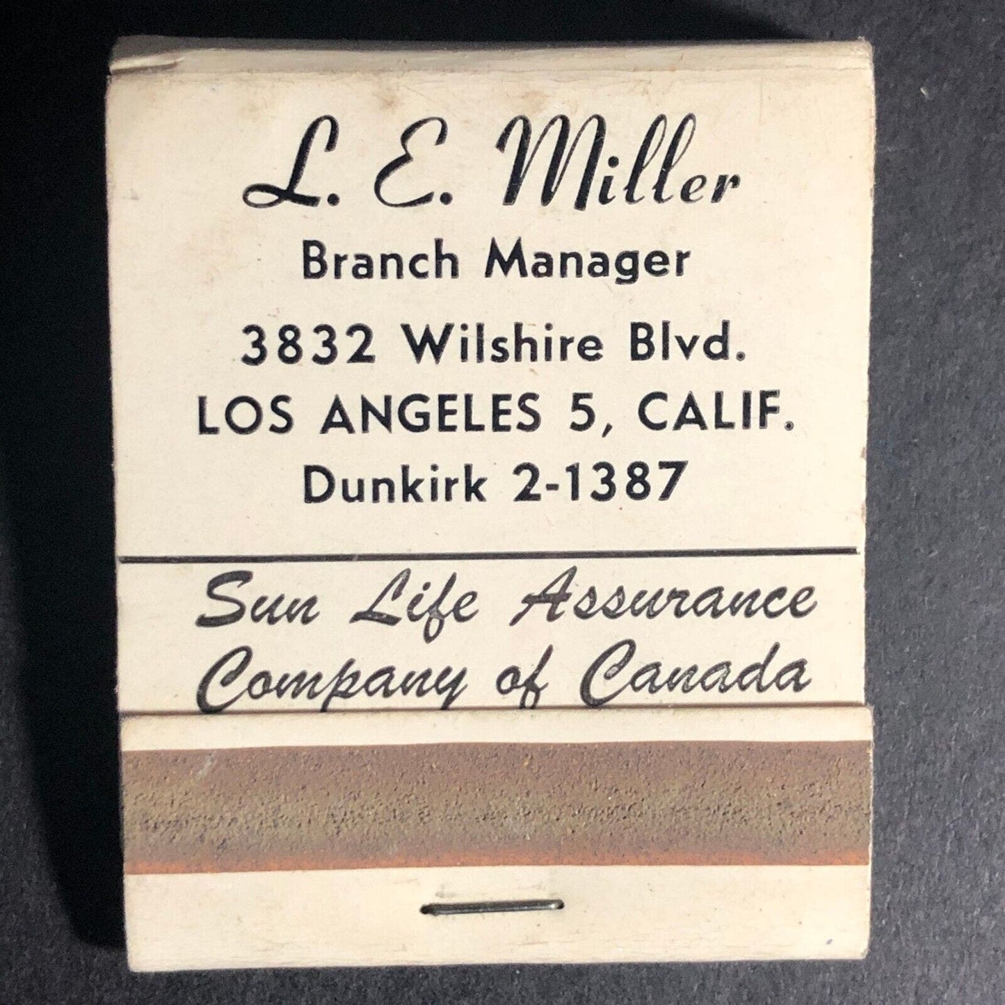 L. E. Miller Sun Life Insurance Los Angeles Matchbook c1950's-60's Full Scarce