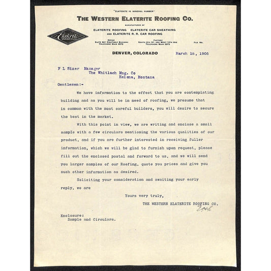 Denver, CO The Western Elaterite Roofing Co. 1905 Letterhead Whitlach MFG Mining