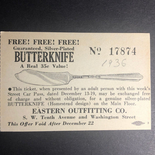 Free Silver Plated Butterknife Numbered Offer Hand Out Eastern Outfitters c1936