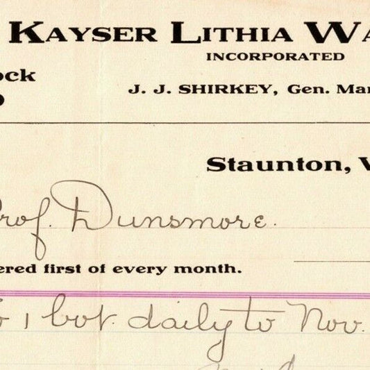 1907 Scarce Kayser Lithia Water Co. Billhead Letterhead Staunton, VA JJ Shirkey