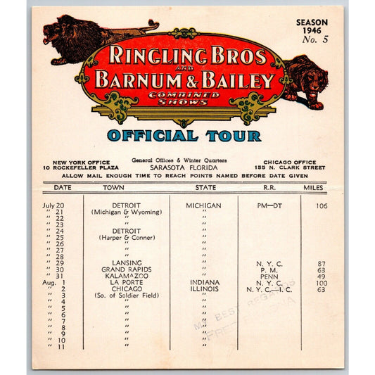 1946 Ringling Bros Barnum Bailey Circus Route Card Detroit Grand Rapids