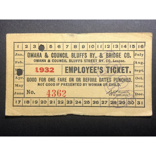 1936 / 1932 Omaha & Council Bluffs RY & Bridge Co. Employee's Ticket #4362