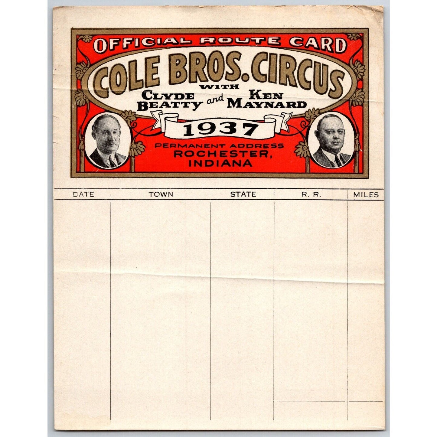 1937 Cole Bros with Clyde Beatty Ken Maynard Circus Route Card - Blank