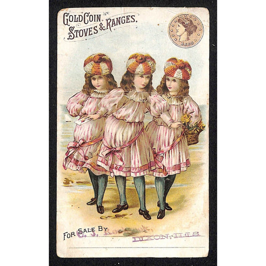 Gold Coin Stoves & Ranges Victorian Trade Card Triplet Girls in Matching Dresses
