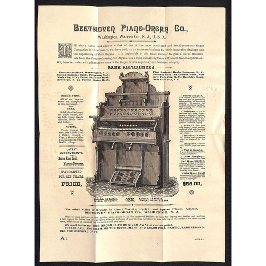 Washington, NJ Beethoven Piano Company 1887 "Gem" Model Sales Flyer Scarce