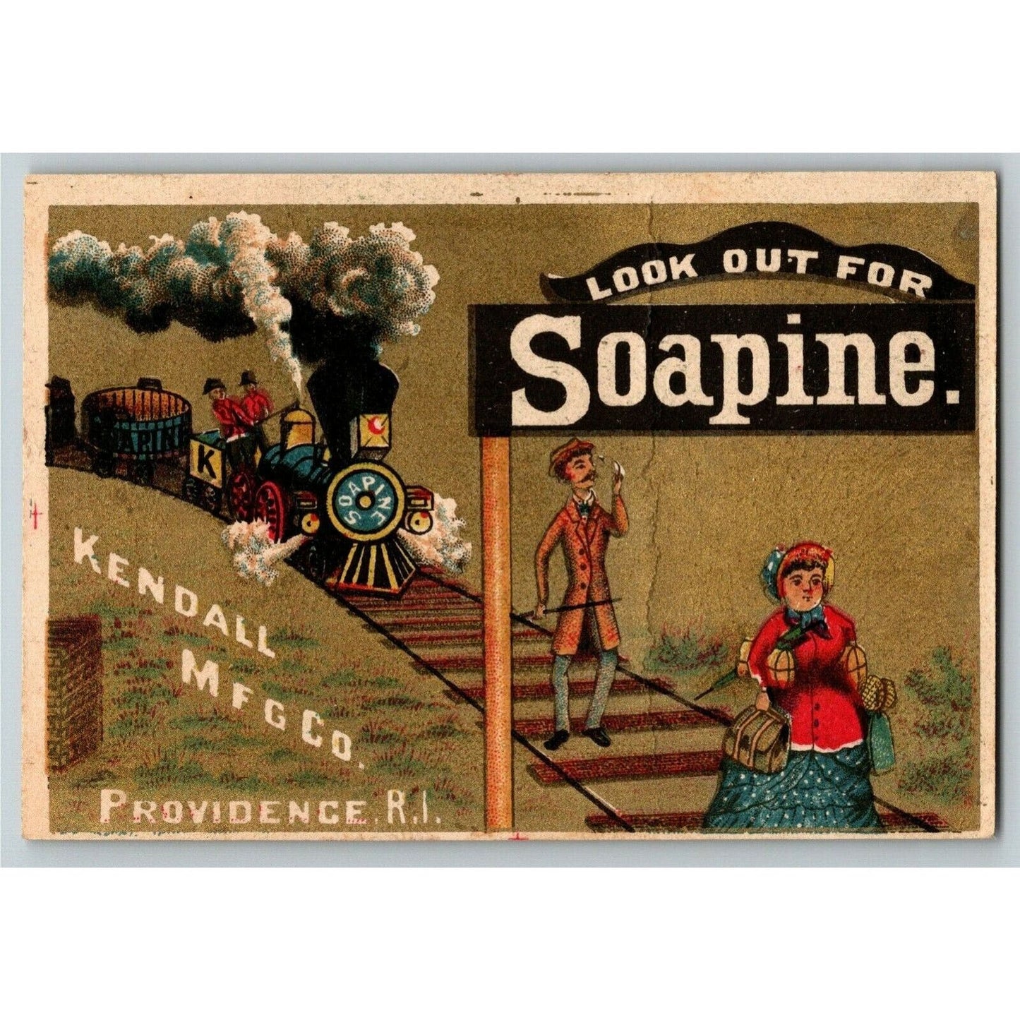 Victorian Trade Card - Soapine Coal Burning Train About to Hit Man on Track