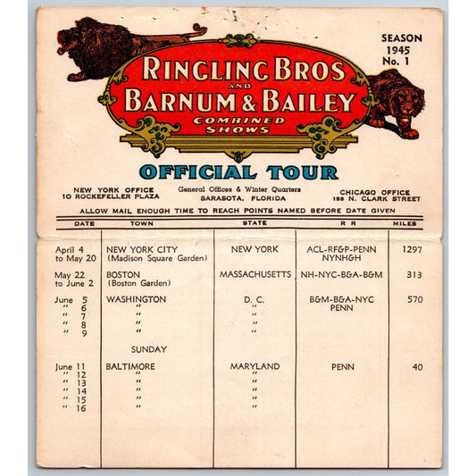 1945 Ringling Bros Barnum & Bailey Circus Route Card Boston Garden Madison