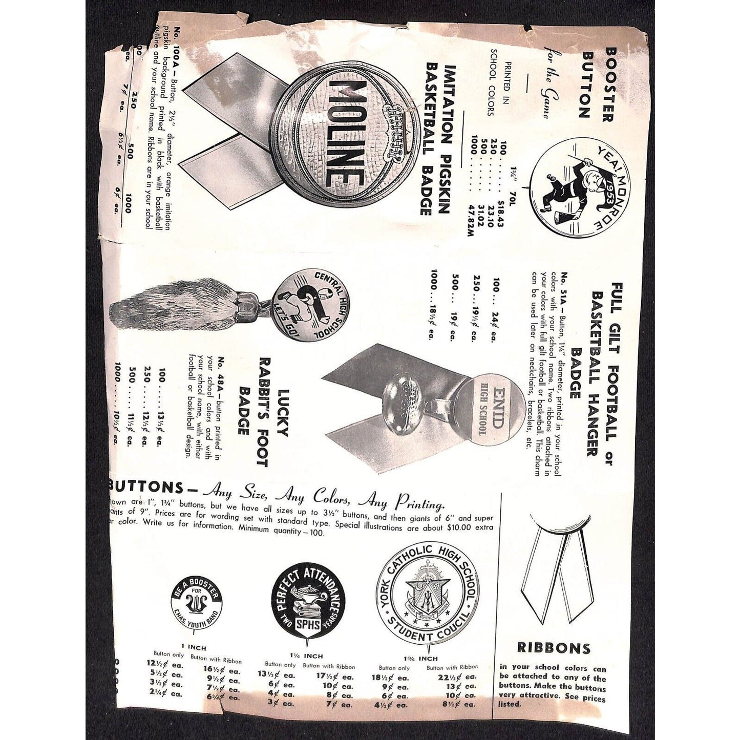 1953 School Football Steel Pinback Button on Catalog Salesman's Sample Sheet