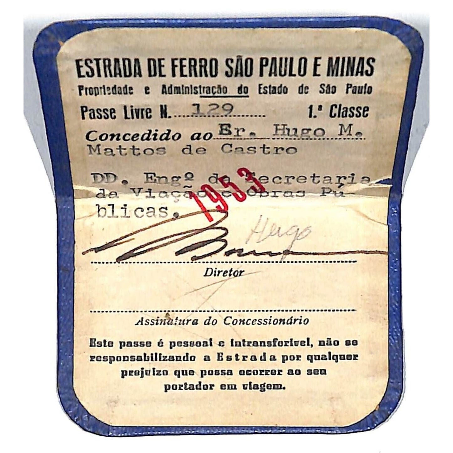 1953 Sao Paulo and Minas Railroad (EFVM) Pass / Ticket w/ Holder