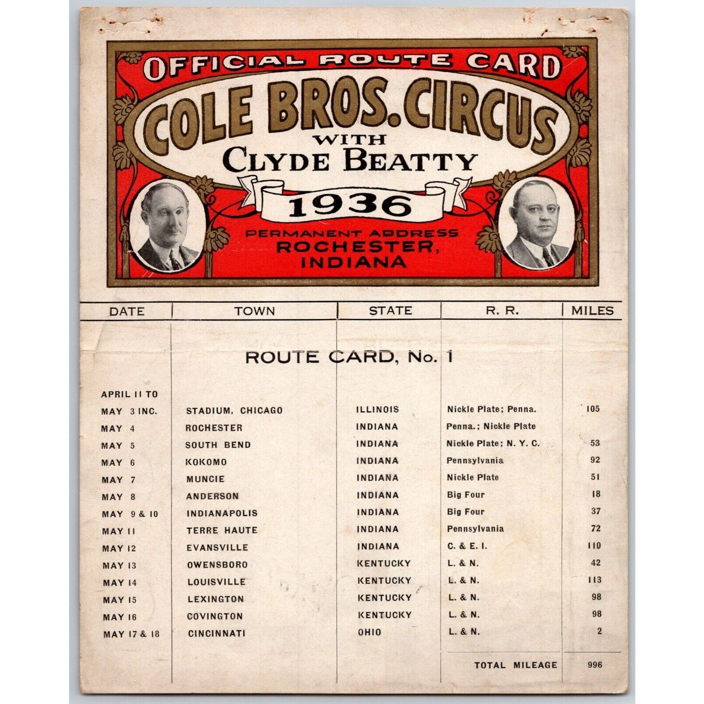 1936 Cole Bros with Clyde Beatty Circus Route Card IL IN KY OH
