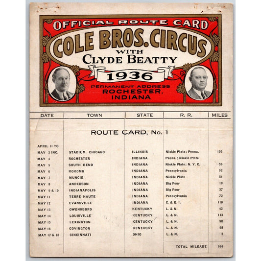 1936 Cole Bros with Clyde Beatty Circus Route Card IL IN KY OH