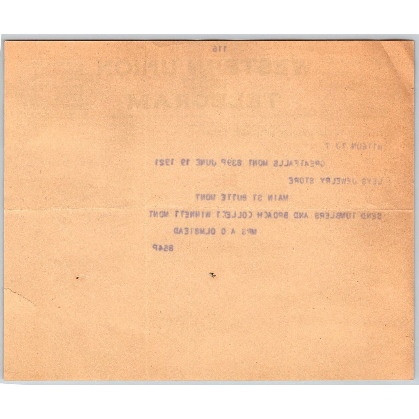 "Leys" Jewelers Butte, MT 1921 Western Union Telegram re: Send Tumblers Broach