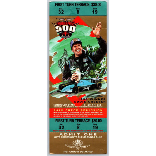 1999 Indianapolis 500 Full Ticket Racing IMS Eddie Cheever - seat 19