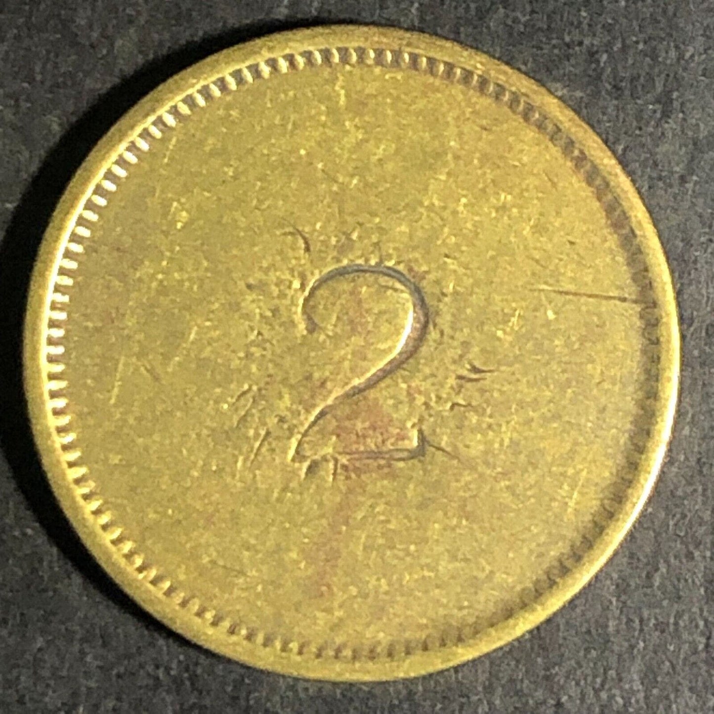 Brass Good For 5c In Trade Token - Stamped "2" 21mm