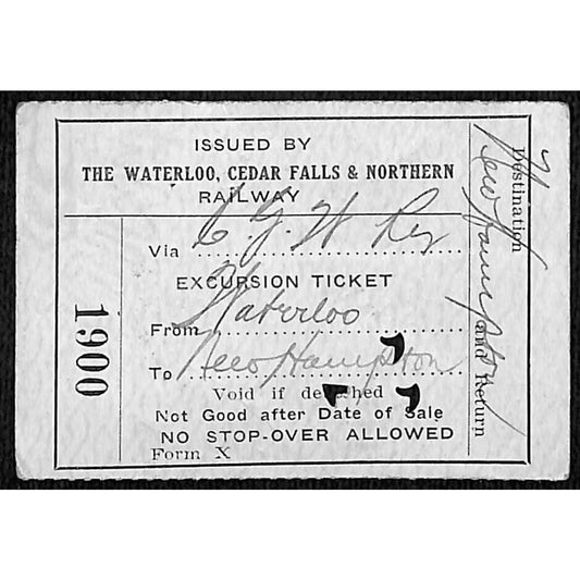 Waterloo, Cedar Falls & Northern Railway Excursion Ticket 1924? #1900 Scarce