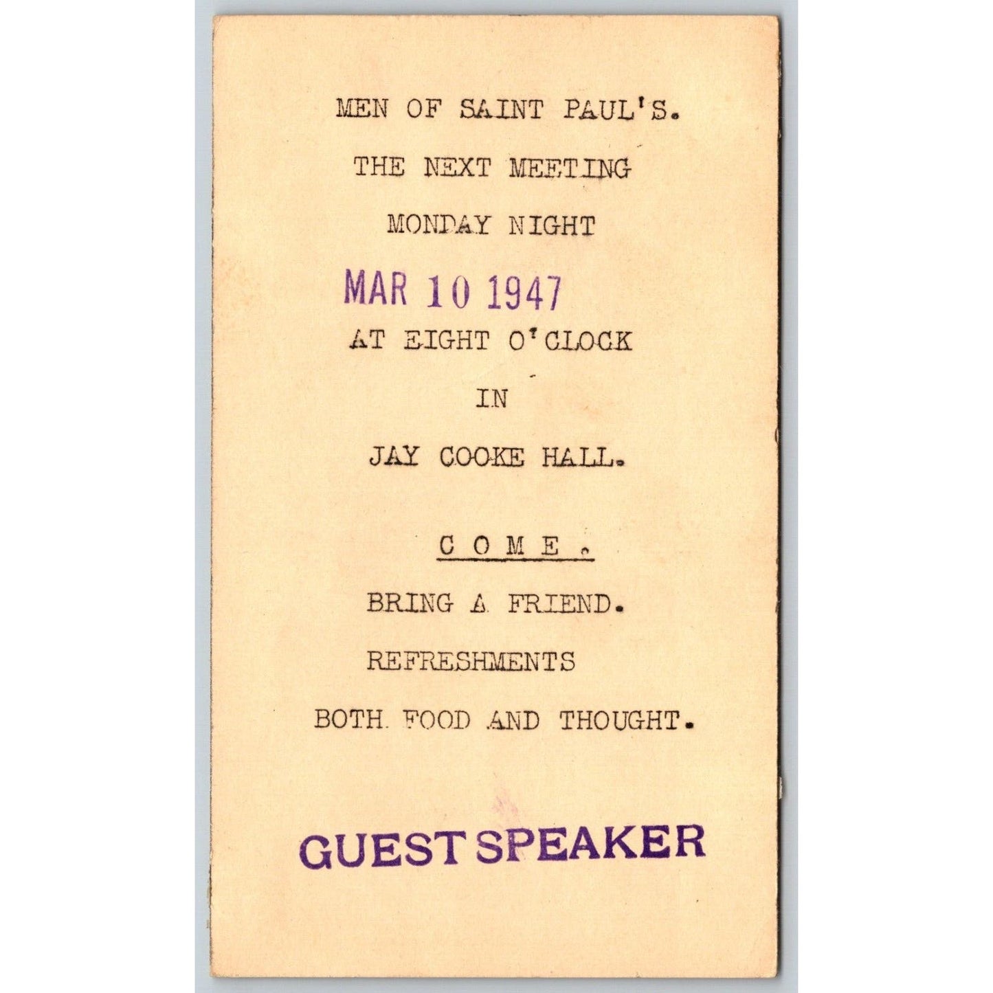 Men of St. Paul's Jay Cooke Hall 1947 Philadelphia Meeting Notice Adv. Postcard