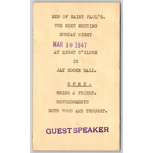 Men of St. Paul's Jay Cooke Hall 1947 Philadelphia Meeting Notice Adv. Postcard
