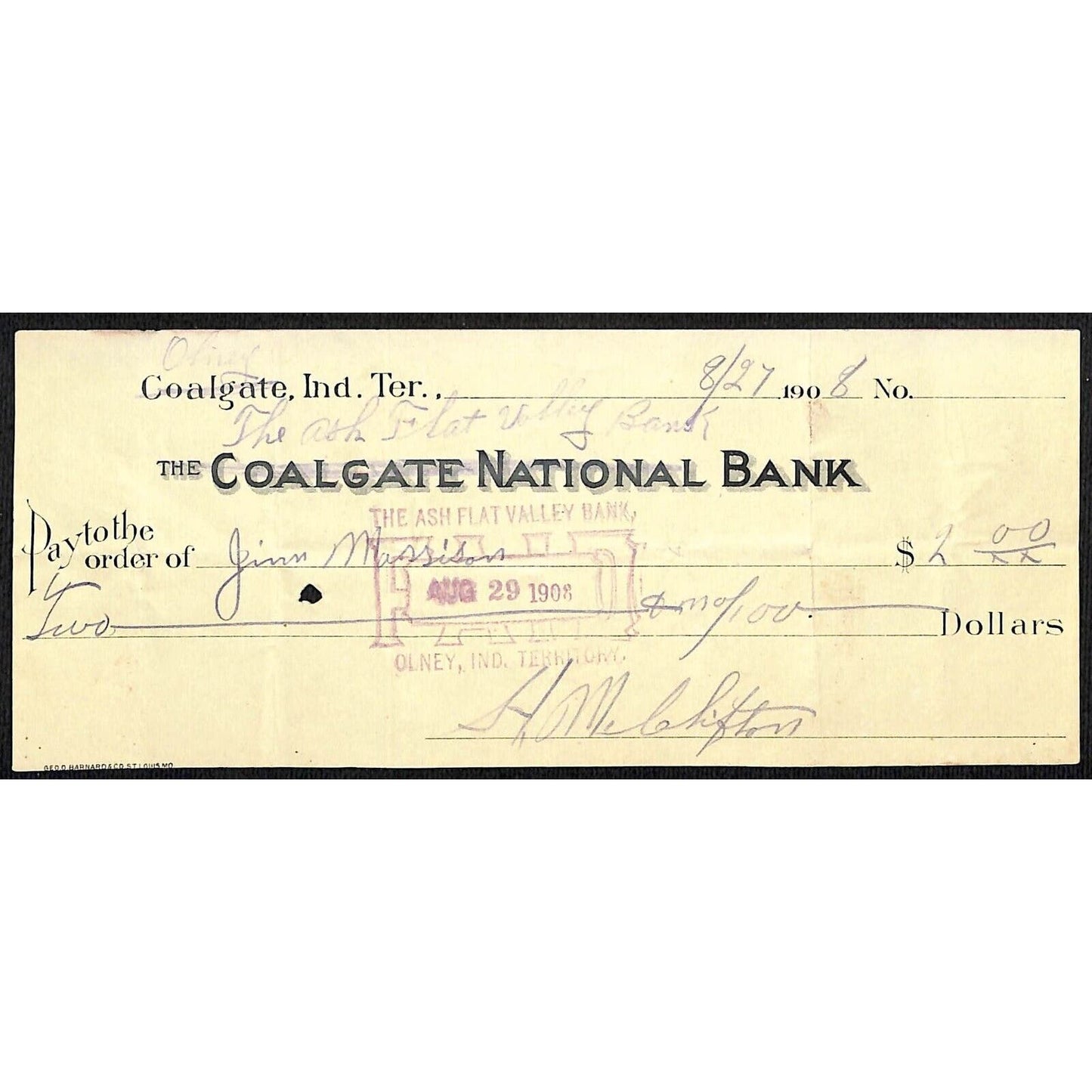 Coalgate, OK 1908 Indian Territory* "Colgate National Bank" Check - Scarce