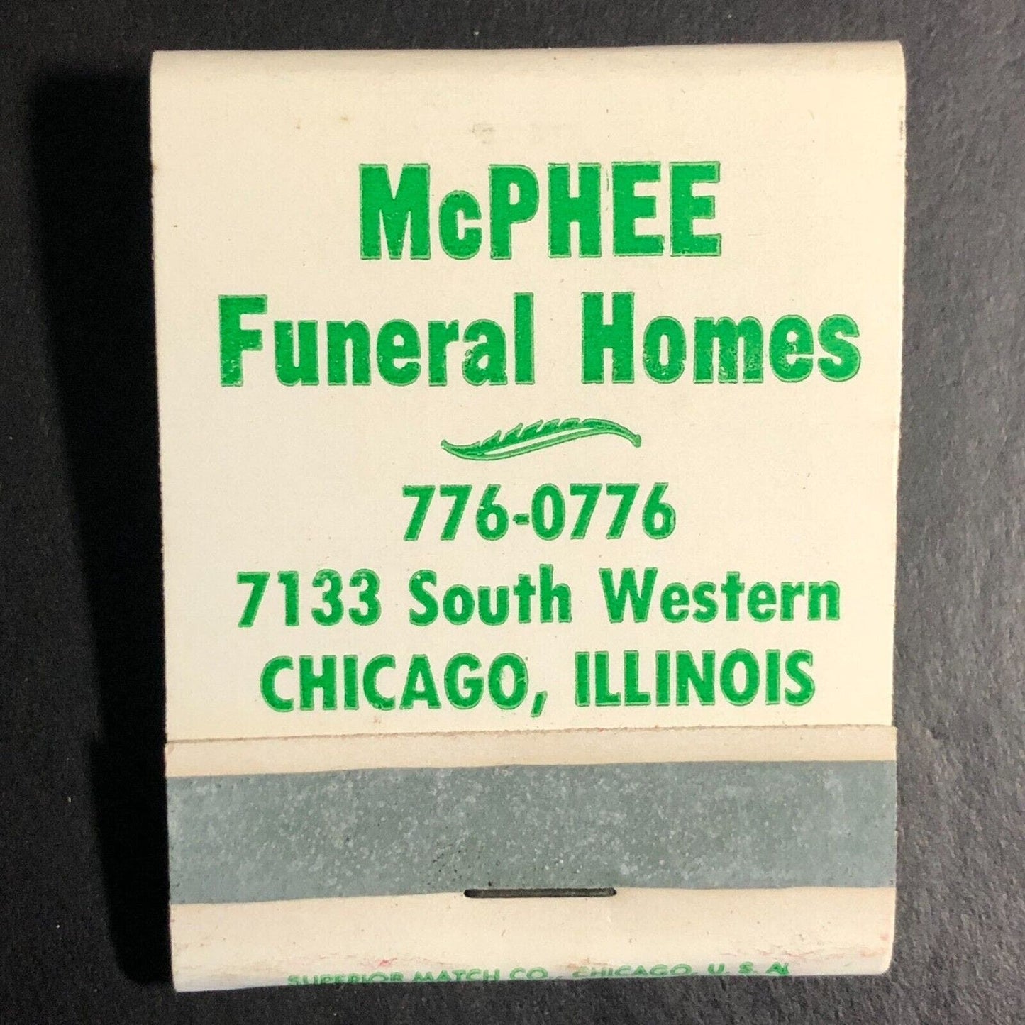 McPhee Funeral Homes Chicago 7133 South Western Full Matchbook c1968-73 Scarce
