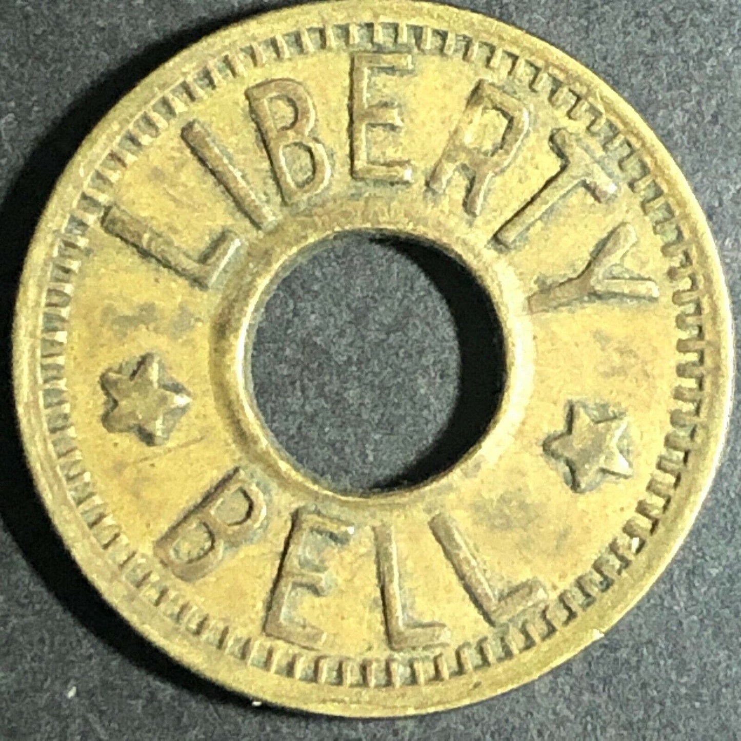Vintage 21mm Brass "Liberty Bell Good For 5c Trade" --- Donut Token
