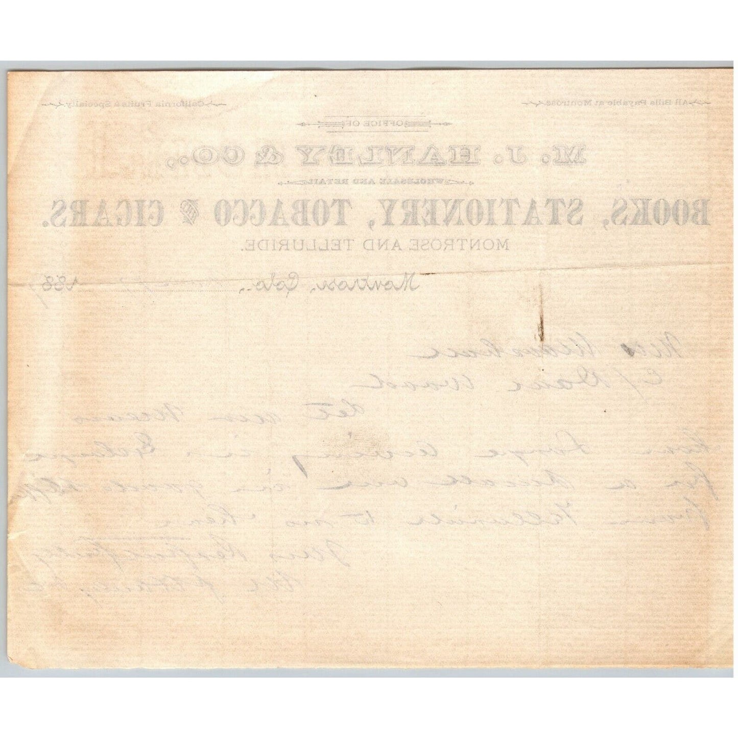 1887 Montrose, CO M.J. Hanley & Co. Books Stationary Tobacco Cigars Letterhead