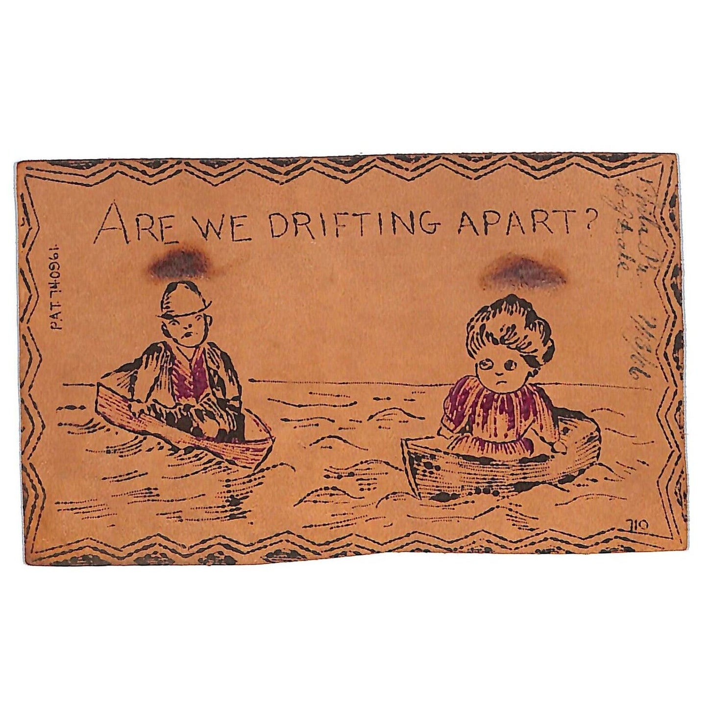 Funny Leather Postcard "Are We Drifting Apart?" Couple in Boats c1906-1908