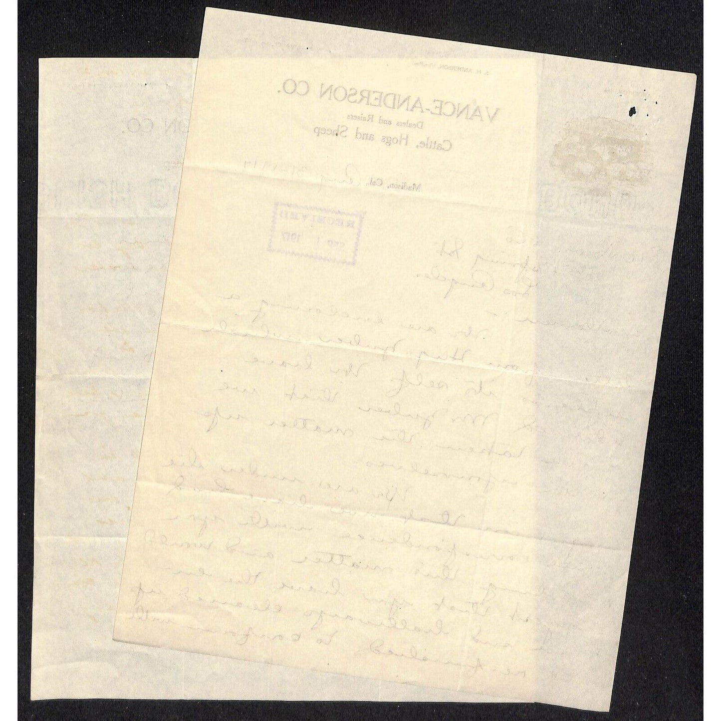 Vance-Anderson Co. Cattle Hogs Sheep Madison, CA 1917 Letterhead R.A. Rowan 2pp
