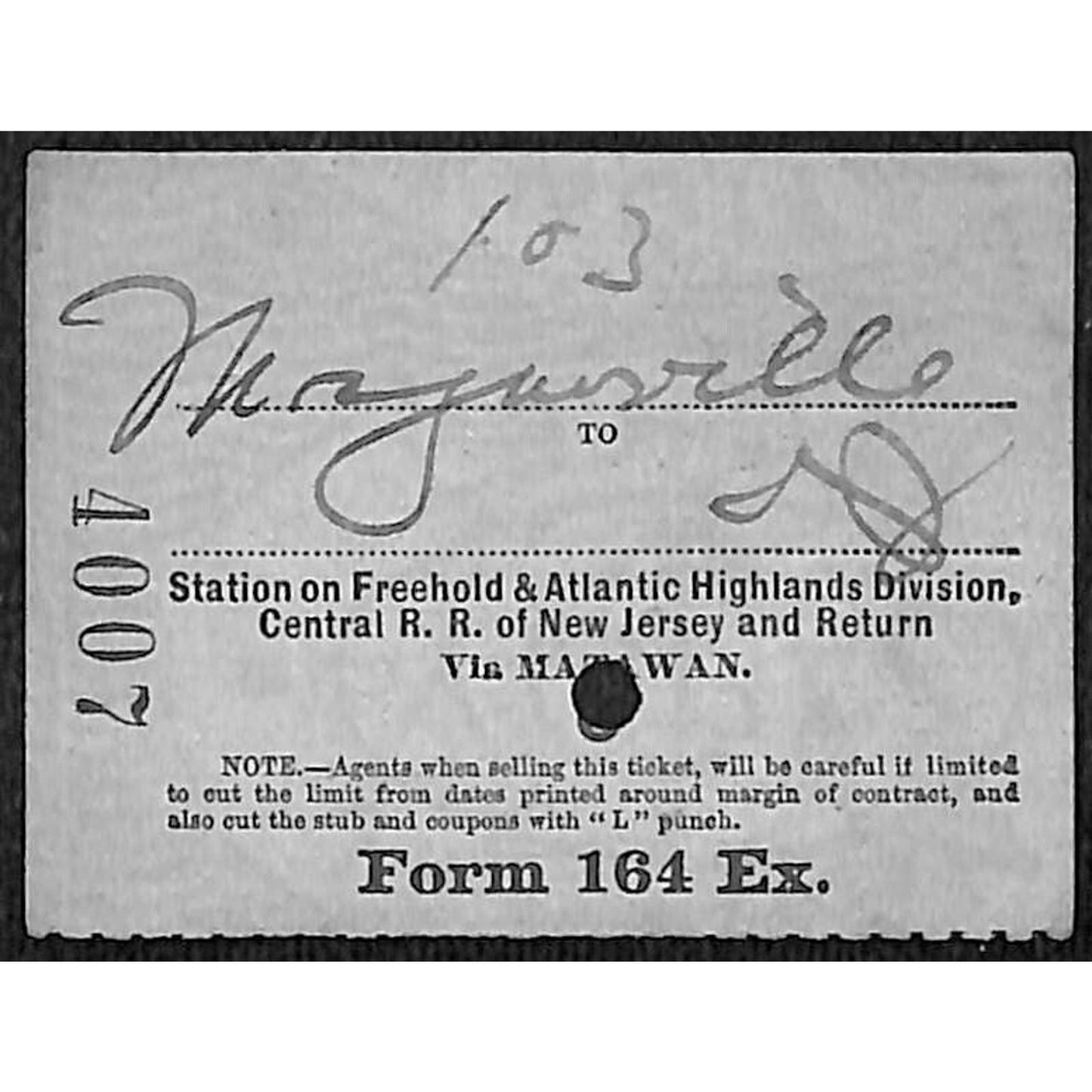 New York & Long Branch Railroad 1901 Ticket #4007